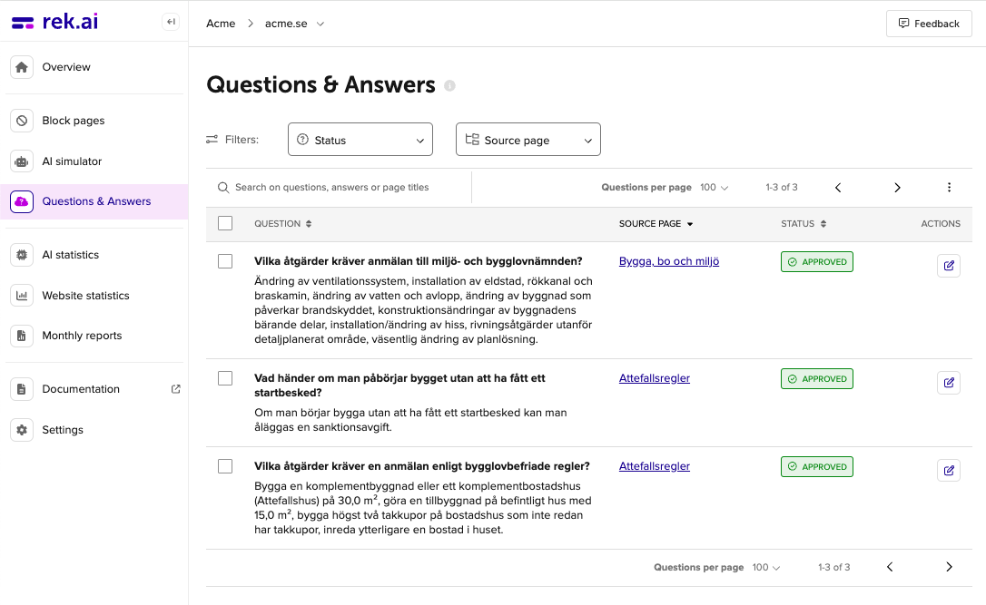 Questions and Answers generated by generative AI on rek.ai