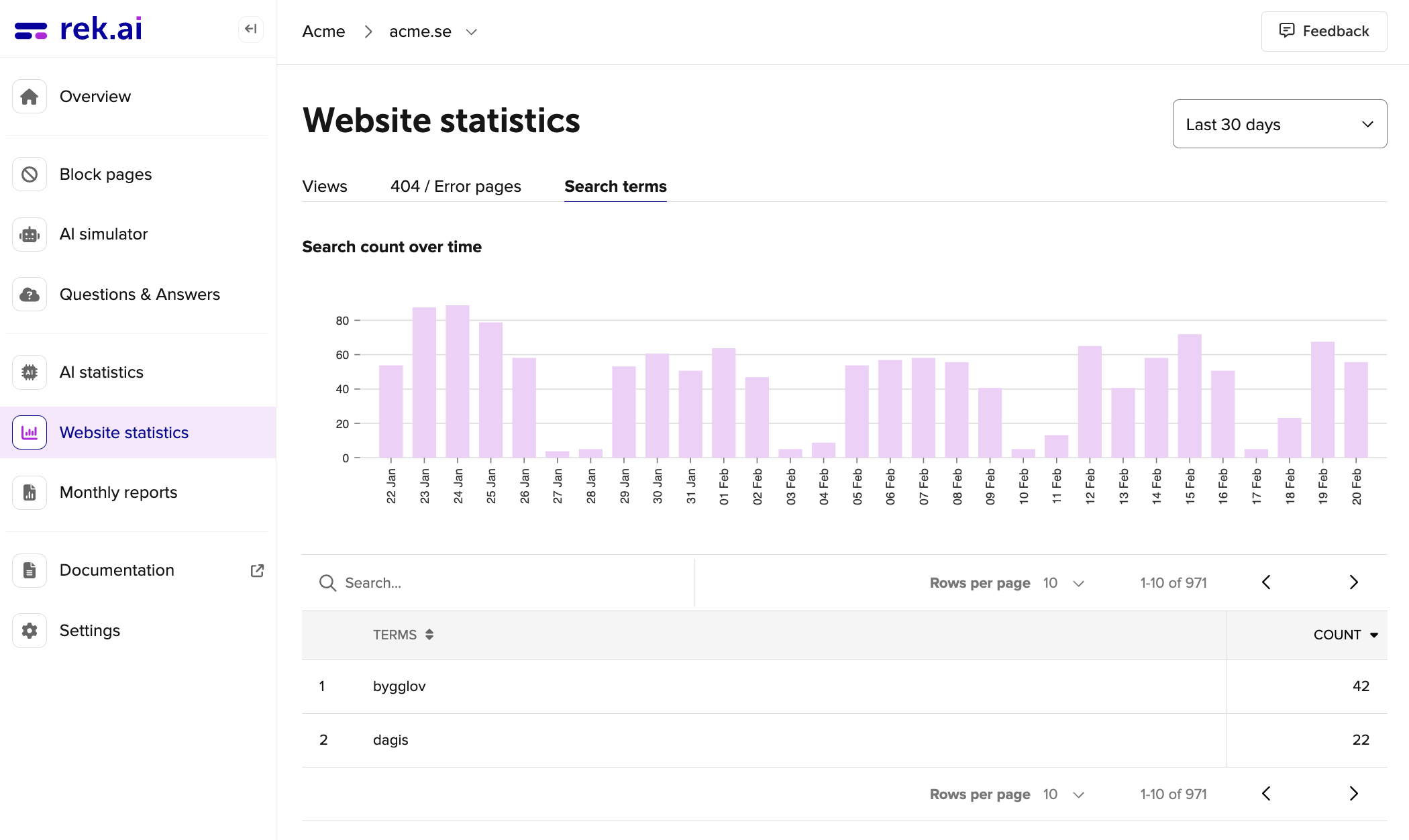 Website statistics search words on rek.ai