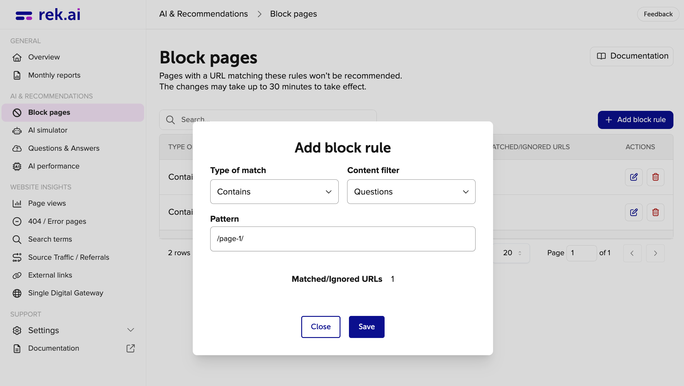Block questions on rek.ai