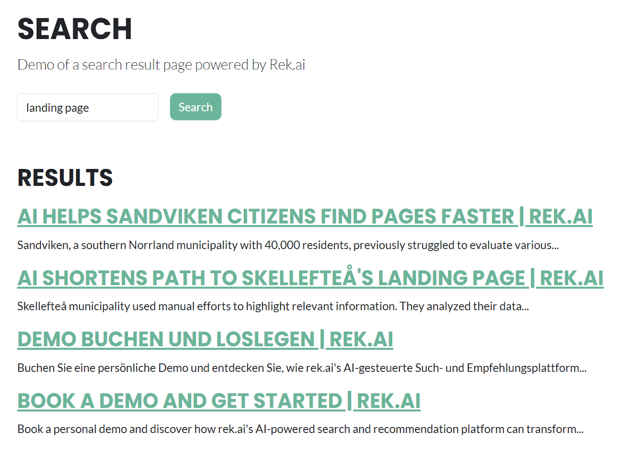 A search result page powered by Rek.ai